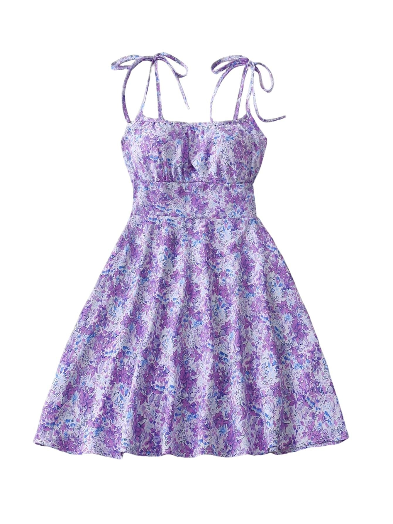 Purple floral dress with thin straps on a white background