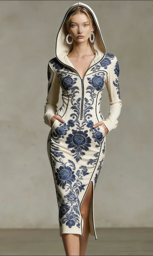 A model wears a hooded, long-sleeve midi dress with a blue and cream floral pattern, standing against a neutral studio backdrop.