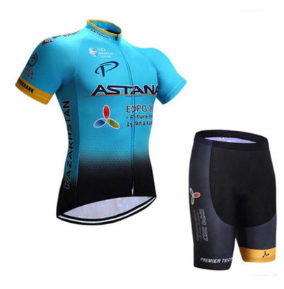 Cycling jersey and shorts set with Astana branding on a white background