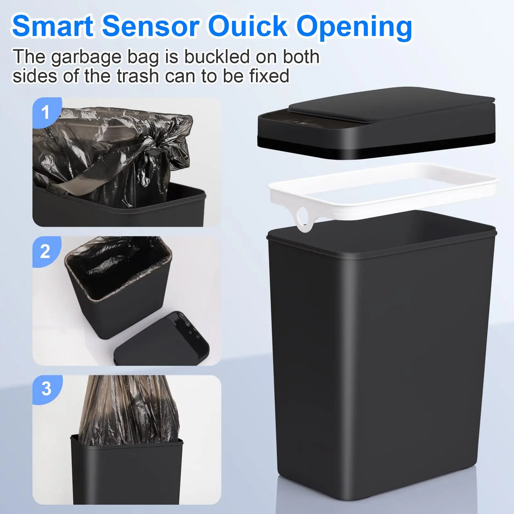 An infographic showing a multi-step visual guide on how to install and secure a garbage bag using the internal retainer ring of the black 12L motion sensor trash can.