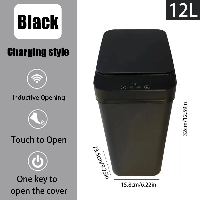 Diagram of a black charging-style 12L motion sensor trash can on a gray background, detailing its dimensions of 32cm height, 23.5cm length, and 15.8cm width, along with key features.
