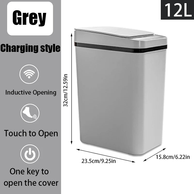 Diagram of a gray charging-style 12L motion sensor trash can on a white background, detailing its dimensions of 32cm height, 23.5cm length, and 15.8cm width, along with its main features.