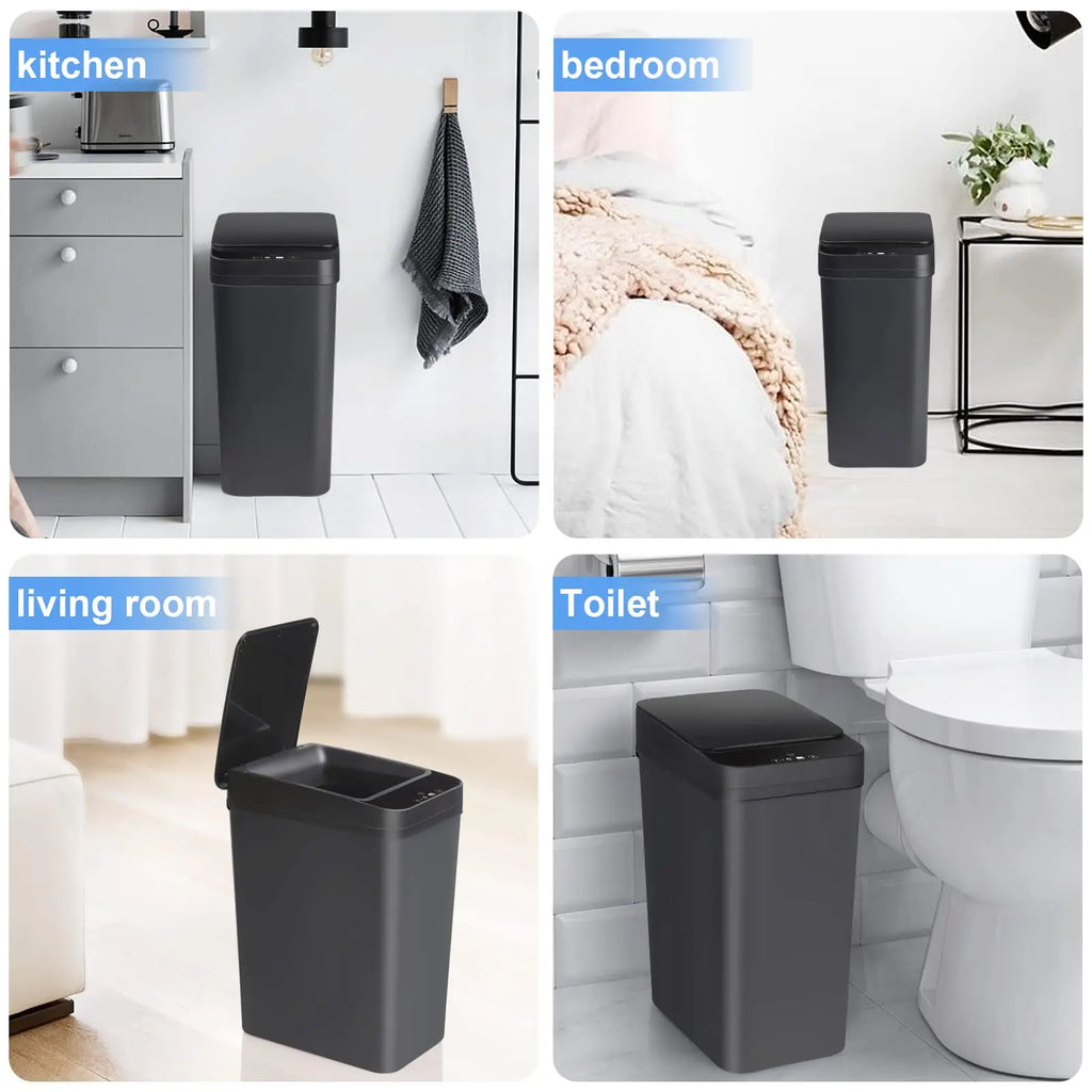 A four-panel grid showing the black 12L motion sensor trash can in different home settings labeled kitchen, bedroom, living room, and toilet.