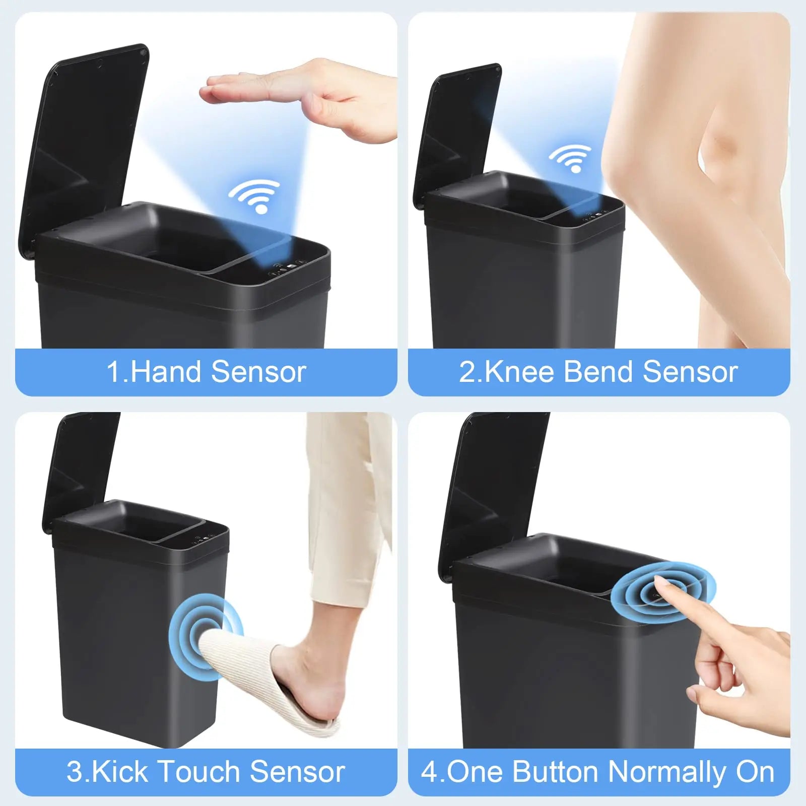 An infographic demonstrating four opening methods for the black motion sensor trash can: hand sensor, knee bend sensor, kick touch sensor, and a one-button normally open mode.