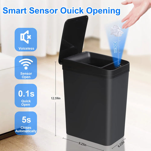 Infographic of a black 12L motion sensor trash can against a light background, highlighting features like automatic closing, quick opening, and silent operation.