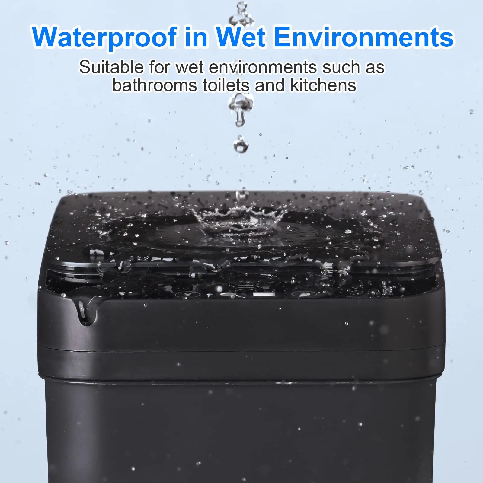 Close-up of a black motion sensor trash can with water droplets splashing onto the closed lid, demonstrating its waterproof design for wet environments like bathrooms.