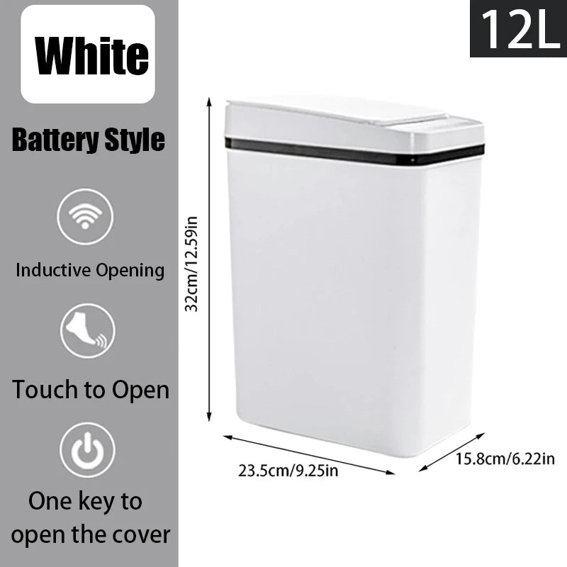 Diagram of a white battery-style 12L motion sensor trash can on a gray background, detailing its dimensions of 32cm height, 23.5cm length, and 15.8cm width, along with key features.