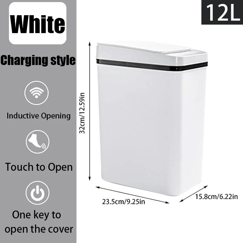 Diagram of a white charging-style 12L motion sensor trash can on a gray background, detailing its dimensions of 32cm height, 23.5cm length, and 15.8cm width, along with key features.