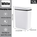 Diagram of a white charging-style 12L motion sensor trash can on a gray background, detailing its dimensions of 32cm height, 23.5cm length, and 15.8cm width, along with key features.