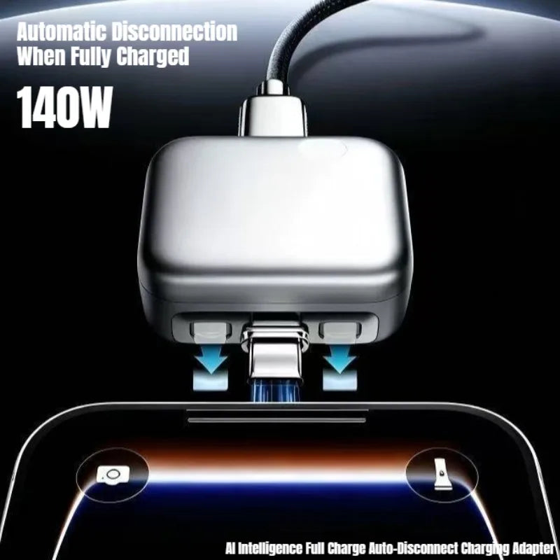 Close-up of a sleek metallic silver 140W USB-C fast charge adapter connected to a smartphone, featuring text highlighting its automatic disconnection feature when fully charged.
