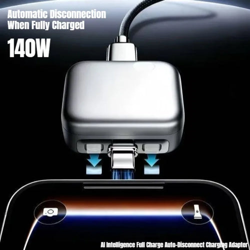 Close-up of a sleek metallic silver 140W USB-C fast charge adapter connected to a smartphone, featuring text highlighting its automatic disconnection feature when fully charged.