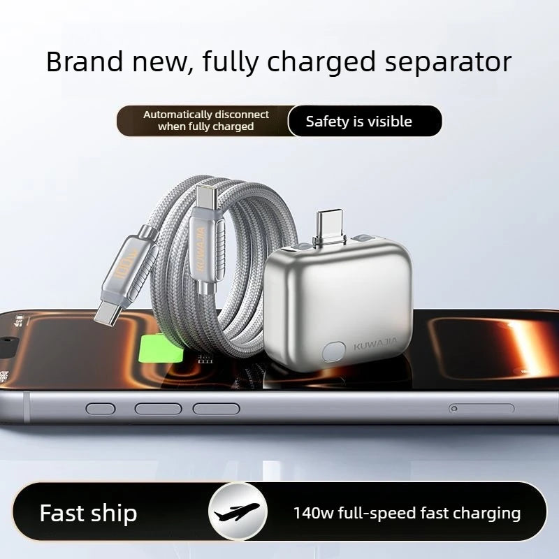 A silver 140W smart charging adapter next to a coiled silver braided USB-C cable over a smartphone, highlighting its automatic full-charge disconnection capability and fast shipping.