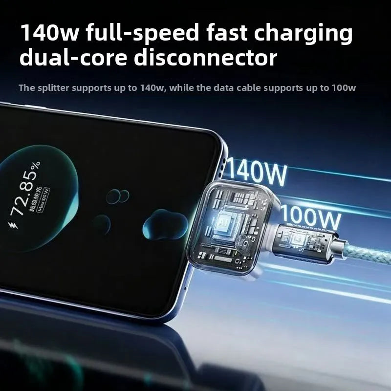 Infographic of a silver fast-charging adapter showcasing its transparent dual-core internal chip, connected inline between a smartphone showing a 72.85% charge status and a braided USB-C cable.