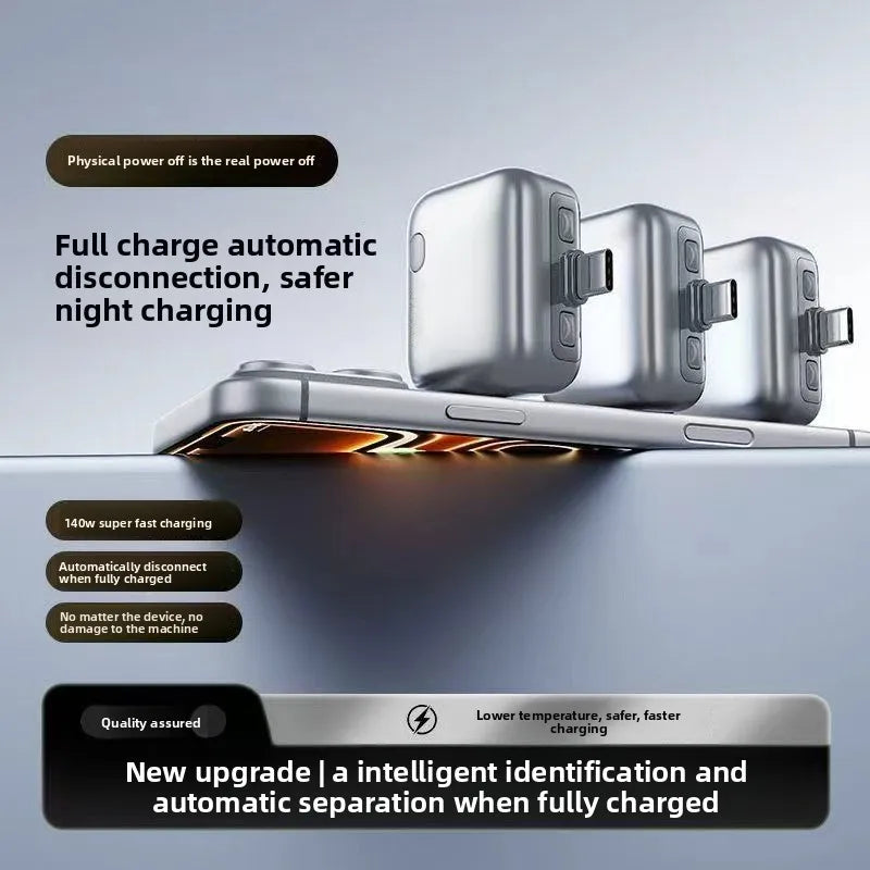 An infographic of a silver 140W USB-C adapter showing its automatic power-off capability at full charge, featuring text explaining how it prevents overcharging and protects battery health.
