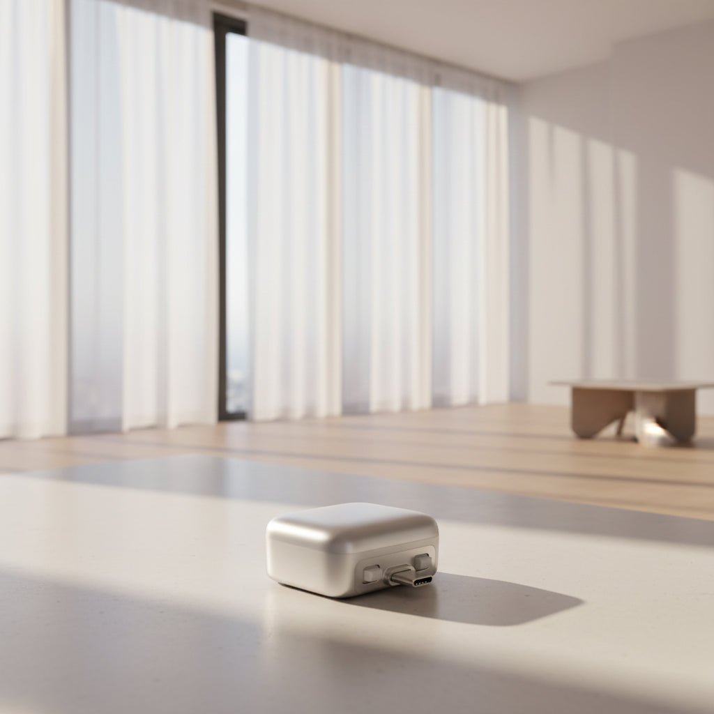 A glossy metallic silver 140W fast-charging adapter shown from a low angle on a clean white background, highlighting its male USB-C connector plug and dual control buttons.