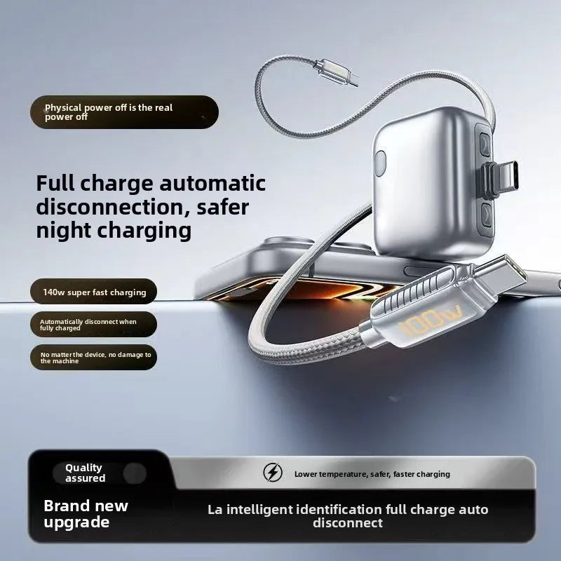 An infographic of a silver 140W USB-C adapter showing its internal components and connected braided cable, with annotations explaining its intelligent identification and physical power-off functionality.