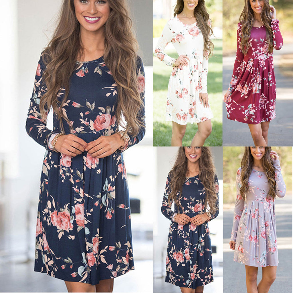 Woman wearing a floral dress with multiple views and settings.