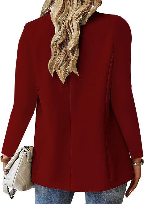 Red blazer worn by a person on a white background