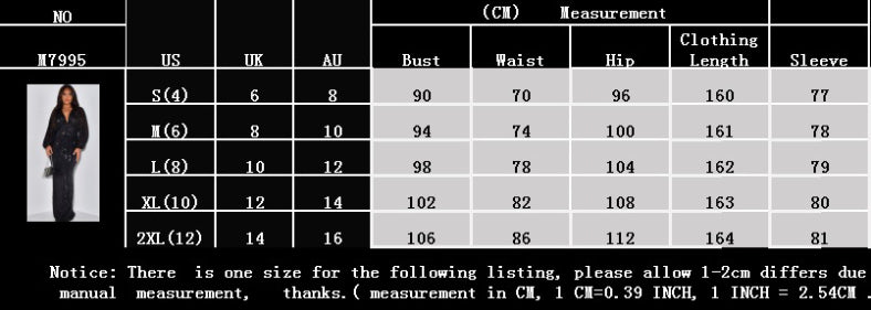 A size measurement chart for a women's clothing line, showing body measurements in centimeters (Bust, Waist, Hip, Hip Length, Sleeve) for sizes S through 2XL, alongside a small model photo and a black text notice at the bottom.