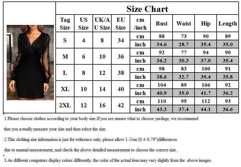 Size chart for a dress with measurements in centimeters and inches.