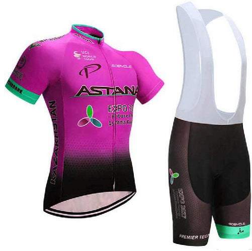 Cycling jersey and bib shorts with Astana team branding on a white background