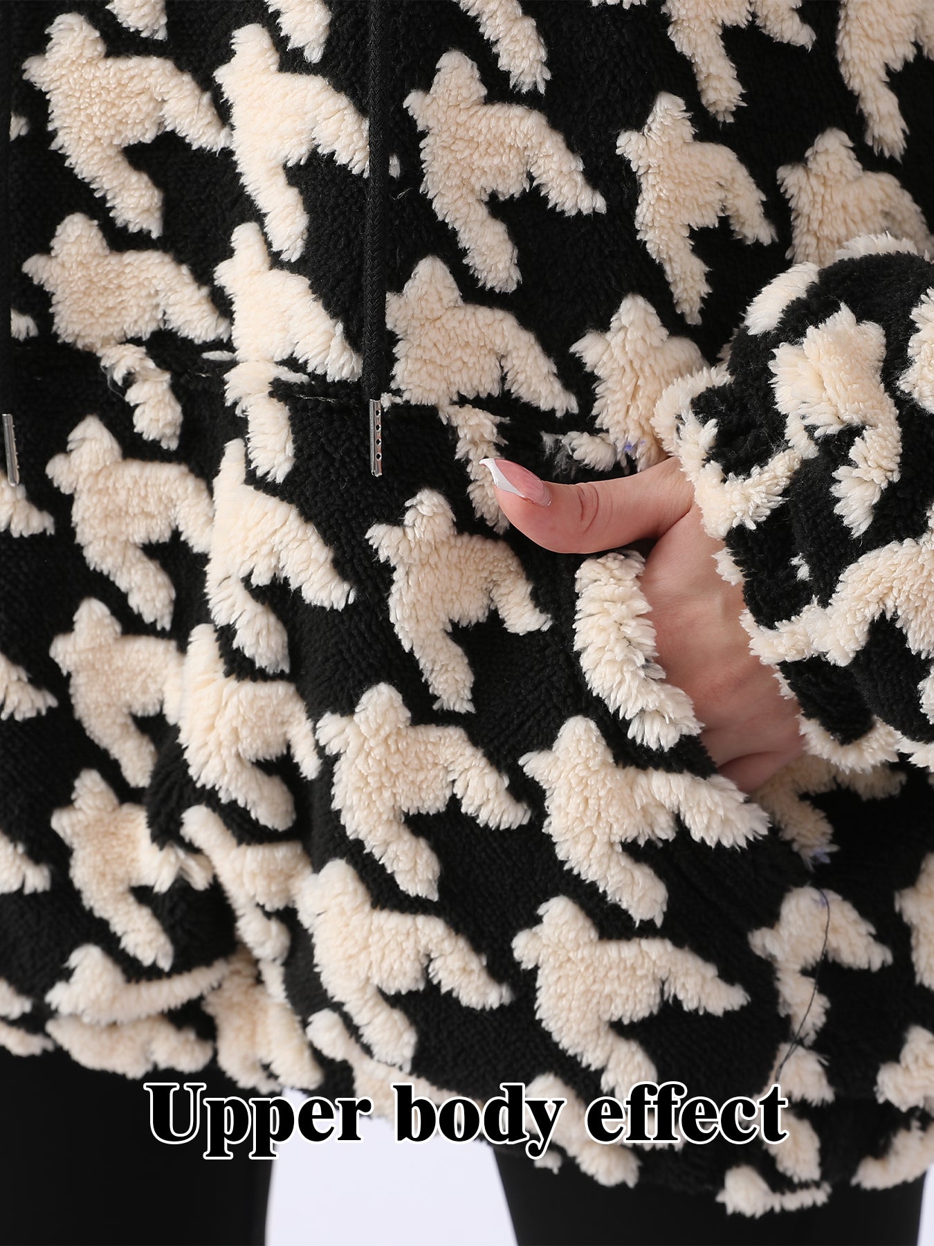 Houndstooth plush fleece hoodie women black oversized upper body effect detail view