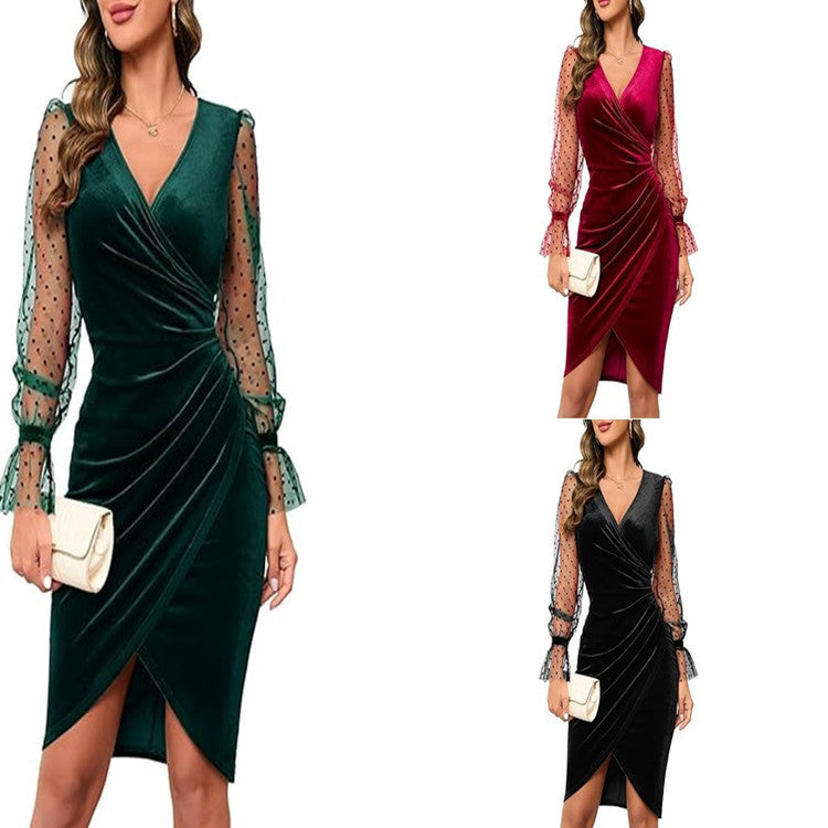 Three different colored dresses with sheer sleeves on a white background