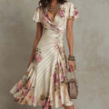 Women's beige floral print ruched wrap midi dress with flutter sleeves