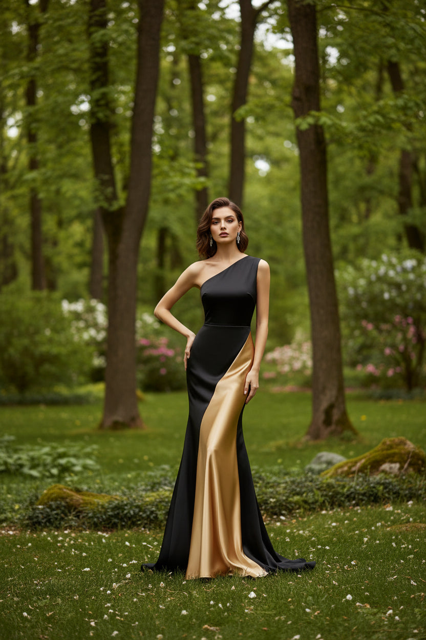 Woman wearing a black and gold evening gown in an elegant setting.