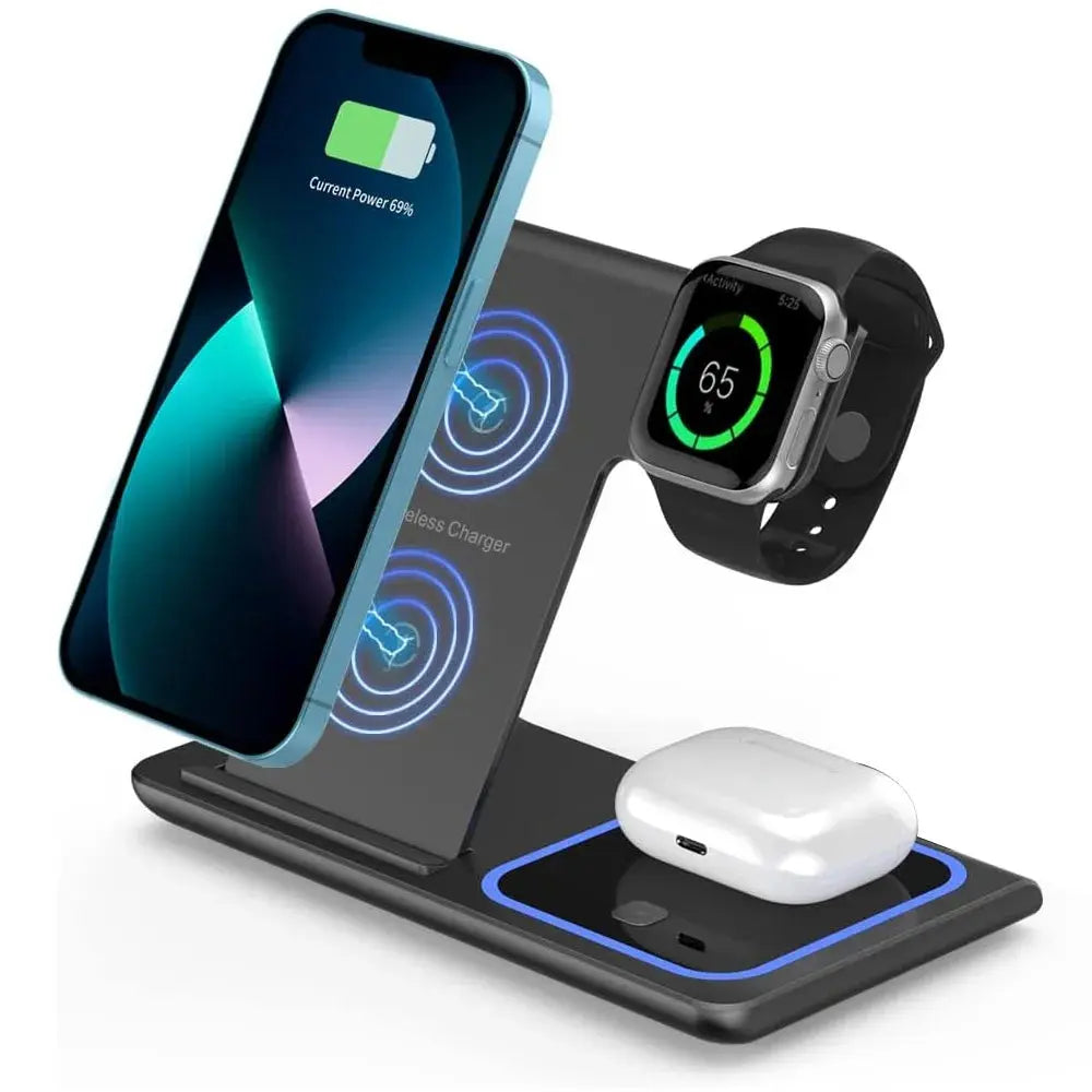 A sleek black 3-in-1 foldable wireless charging station on a desk, simultaneously charging an iPhone, Apple Watch, and AirPods with a glowing blue LED base.
