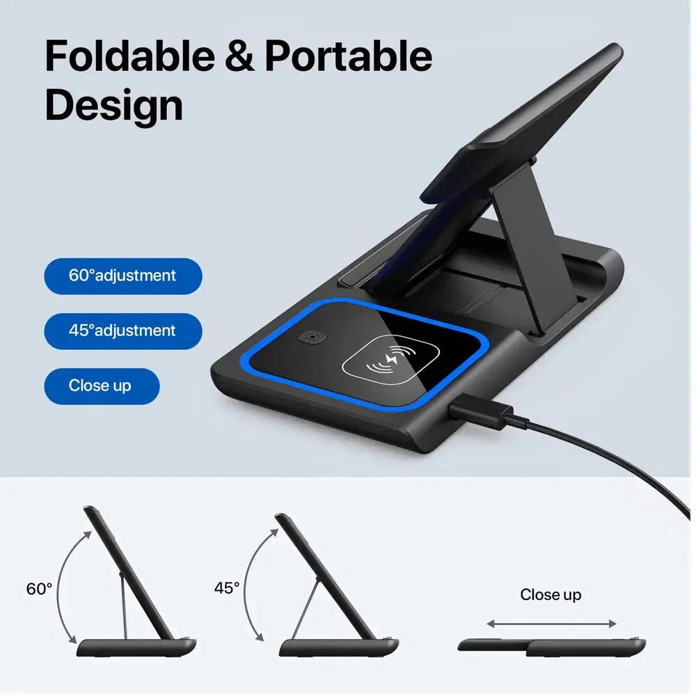 Foldable and portable electronic device stand with adjustable angles on a light blue background