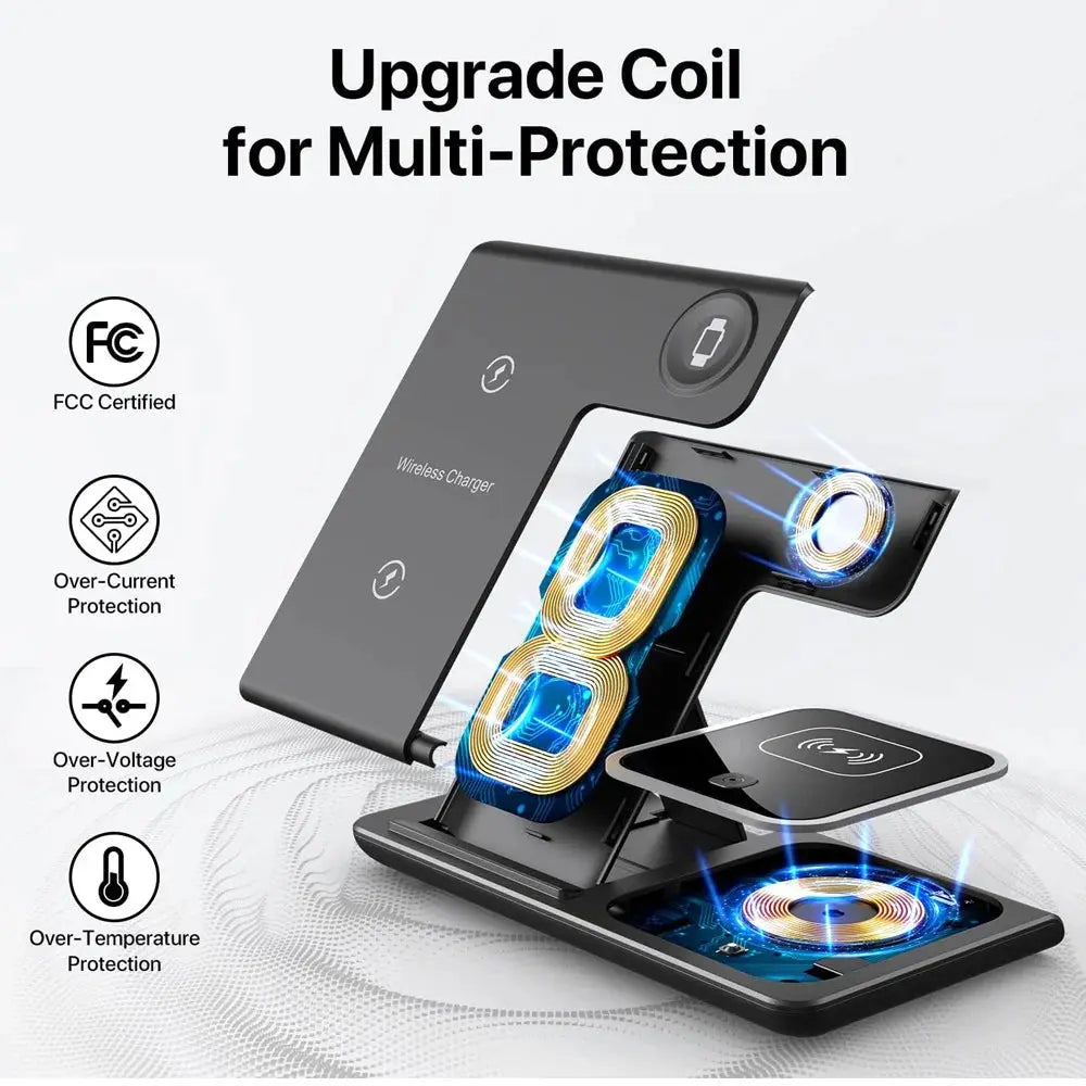 A side view of the 3-in-1 charging station in its folded position, highlighting its slim, portable, and travel-friendly design.