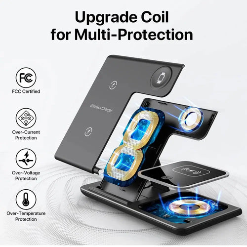 A side view of the 3-in-1 charging station in its folded position, highlighting its slim, portable, and travel-friendly design.