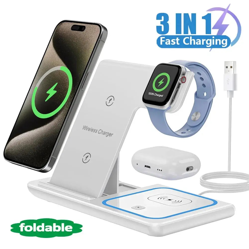 3-in-1 wireless charging station with phone, watch, and earbuds on a white background