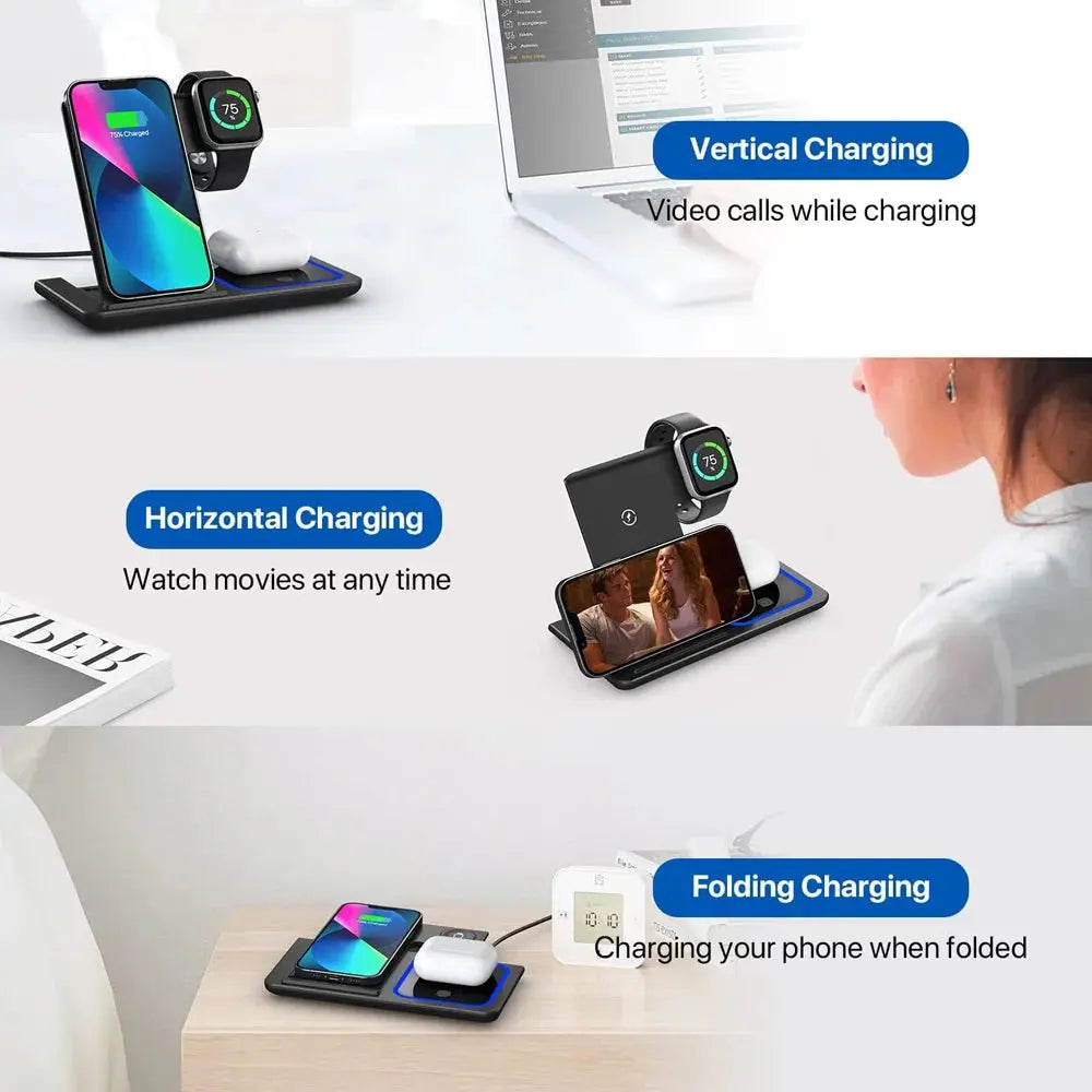 A phone mounted in landscape orientation on the charging station, demonstrating its use as a stable, adjustable viewing stand.