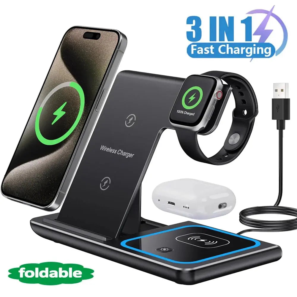 3-in-1 wireless charging station with smartphone, watch, and earbuds on a white background.