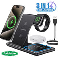 3-in-1 wireless charging station with smartphone, watch, and earbuds on a white background.