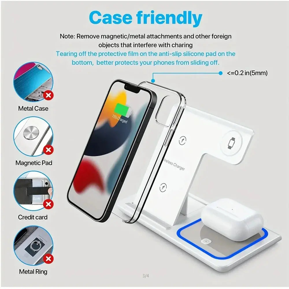 Wireless charging stand with smartphone and wireless earbuds, featuring text on case compatibility.