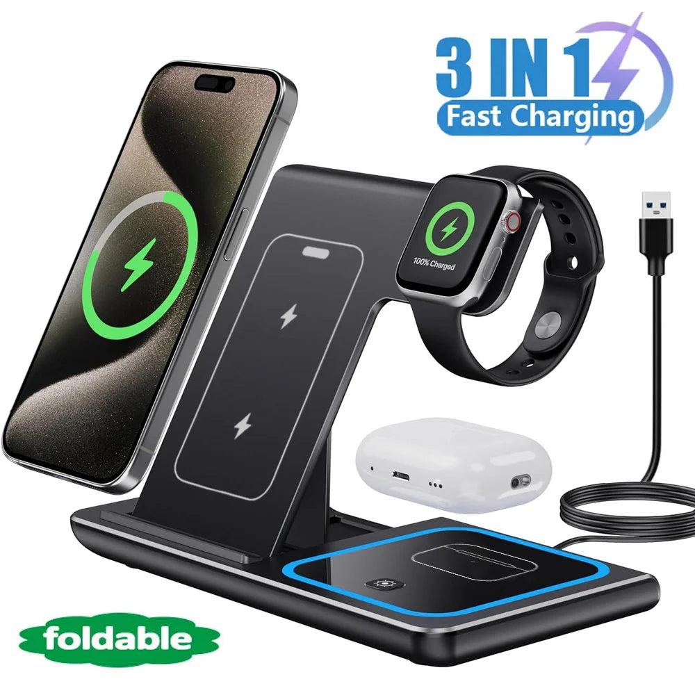 3-in-1 wireless charging stand with smartphone, smartwatch, and wireless earbuds on a white background.