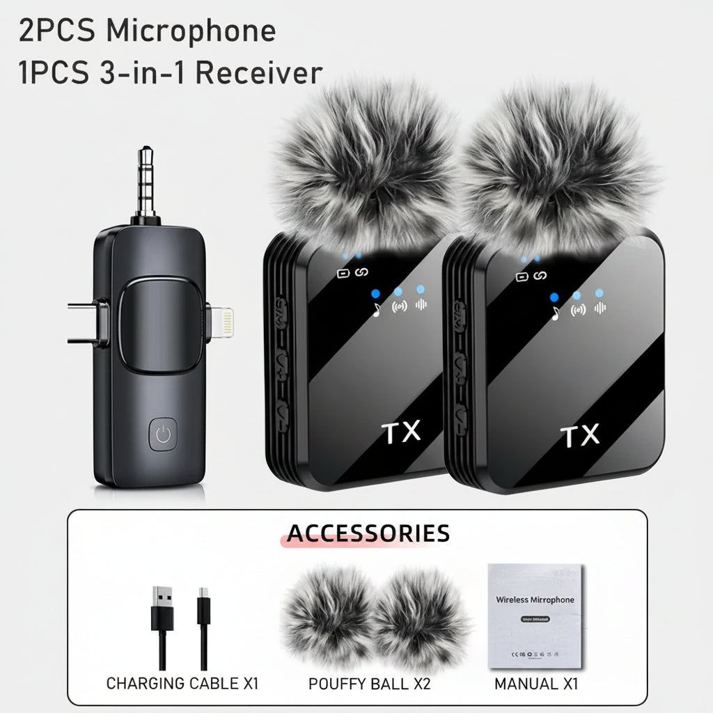 Wireless microphone system with two microphones and a 3-in-1 receiver on a white background.