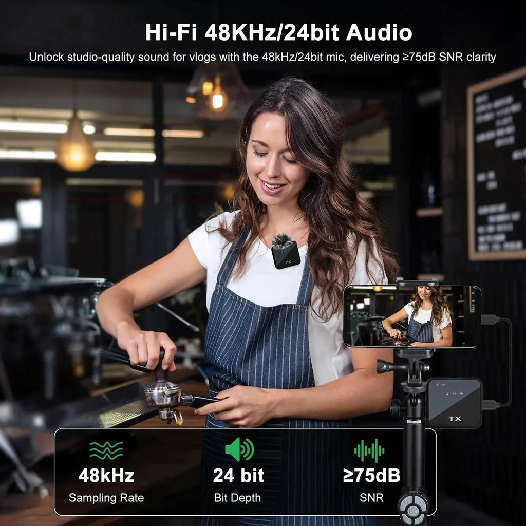 An infographic of a woman using the microphone to record audio, featuring clear technical badges for "48kHz Sampling Rate," "24 bit Bit Depth," and "≥75dB SNR" to showcase the studio-quality sound capabilities.
