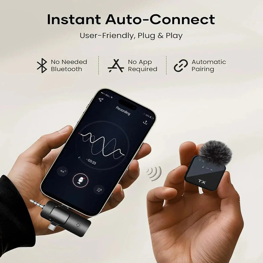 An infographic showing a smartphone recording audio with a wireless receiver attached, alongside a compact transmitter unit, highlighting "Instant Auto-Connect," "No Bluetooth Needed," "No App Required," and "Automatic Pairing" features.