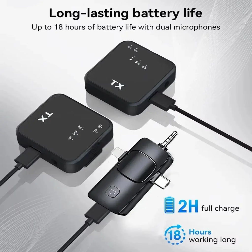 A technical infographic for the 3-in-1 wireless microphone set, highlighting "Long-lasting battery life" with up to 18 hours of usage, 2-hour full charge time, and displaying two transmitter units and a receiver on a clean background.