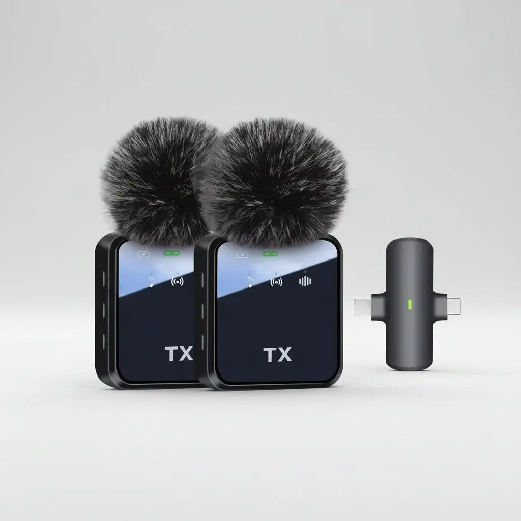 A professional 3-in-1 wireless lavalier microphone system featuring two compact black transmitters with furry windscreens and one universal receiver with dual connectors, isolated on a clean white background.