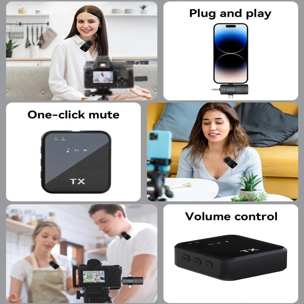 An infographic showing a woman recording with the microphone, a smartphone connected to the receiver, the microphone unit with a one-click mute feature, and a close-up of the volume control buttons on the transmitter.