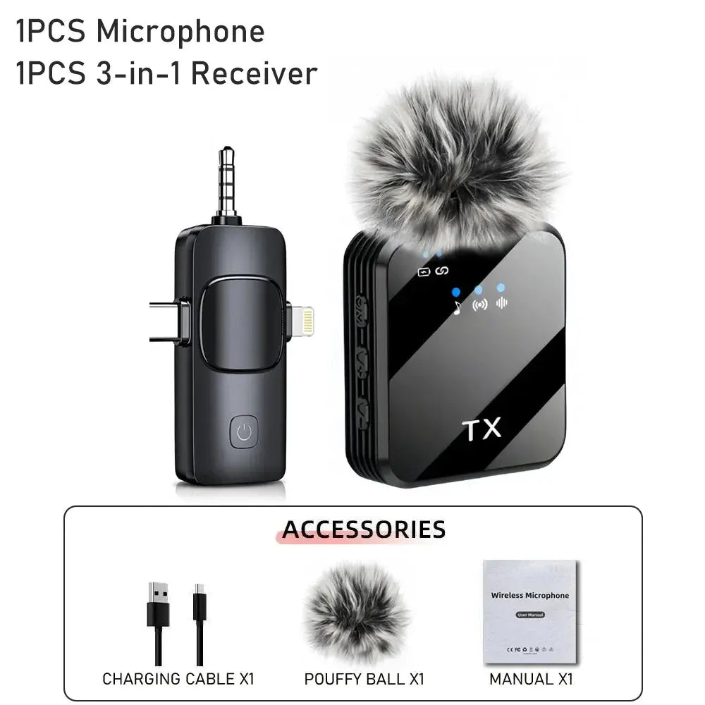 A clear product shot of the 3-in-1 wireless microphone system showing a black transmitter with a fluffy windscreen and a receiver with dual connectors, accompanied by a box showing the included accessories: a charging cable, a spare fluffy windscreen, and a user manual.