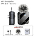 A clear product shot of the 3-in-1 wireless microphone system showing a black transmitter with a fluffy windscreen and a receiver with dual connectors, accompanied by a box showing the included accessories: a charging cable, a spare fluffy windscreen, and a user manual.