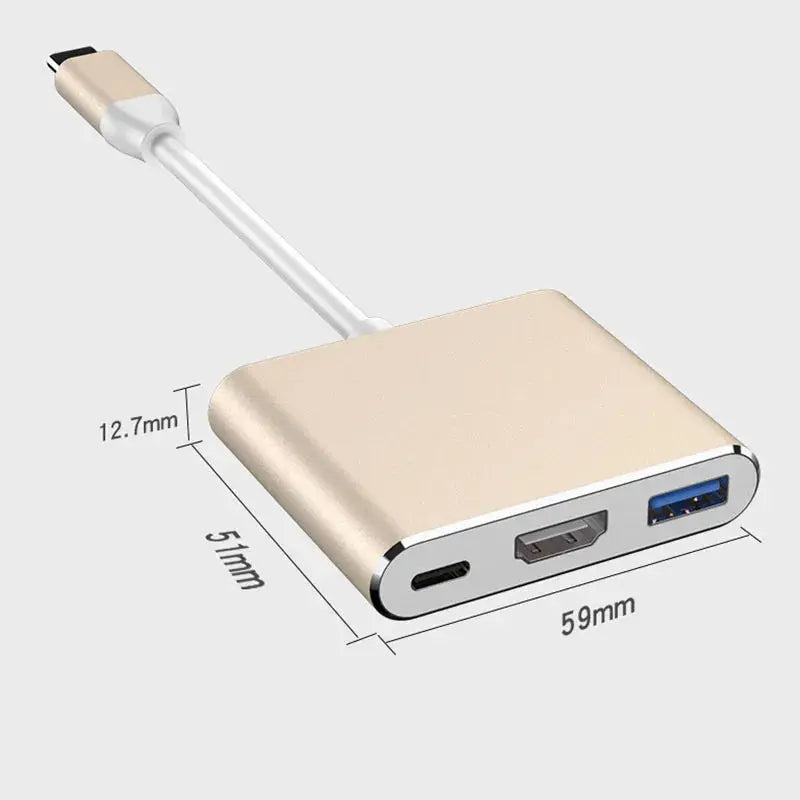 Gold USB adapter with cable, showing dimensions on a white background