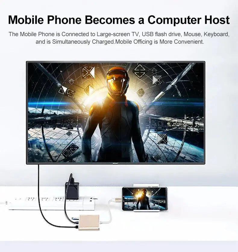 Large screen TV connected to a smartphone with text explaining the setup.