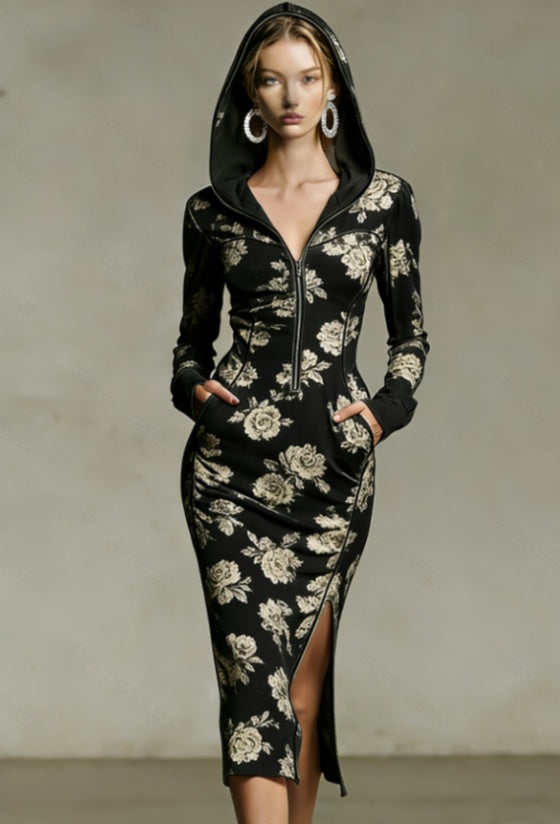 A woman models a fitted black hooded zip-front dress with a beige and cream floral print, standing against a neutral studio backdrop.